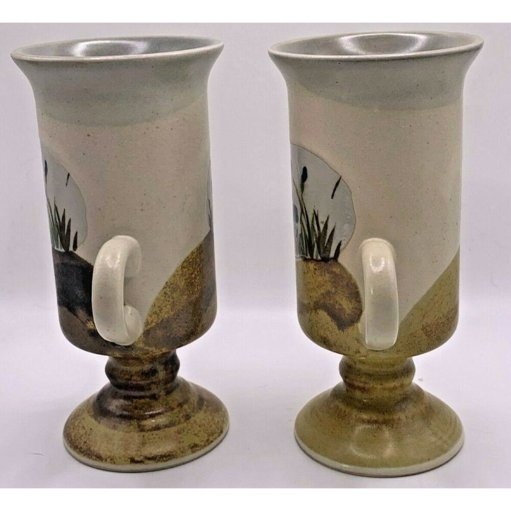 2 VTG Otagiri Tall Irish Coffee Mugs Footed with Blue/Purple Irises Stoneware - Picture 5 of 10